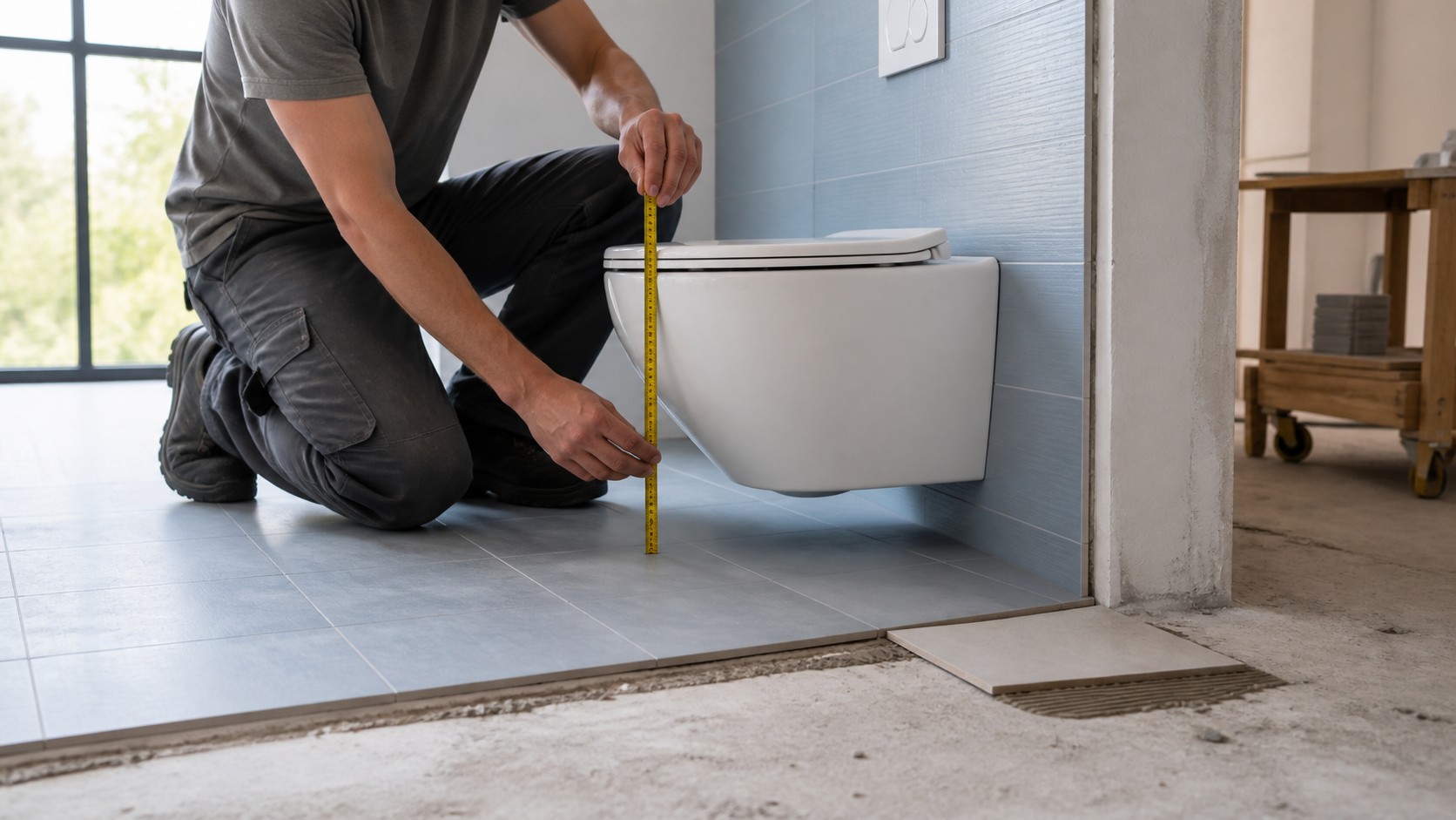 Finished seat height and wall build-up checked on a wall-hung toilet mock-up