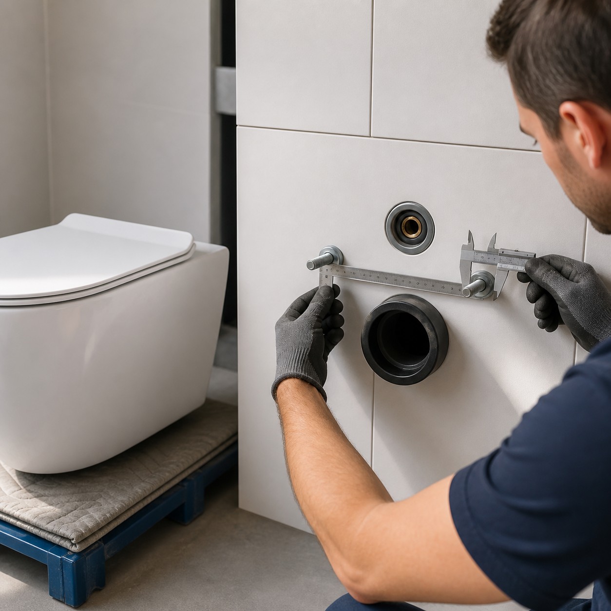 Two mounting rods flush inlet and waste outlet checked against a wall-hung toilet drawing