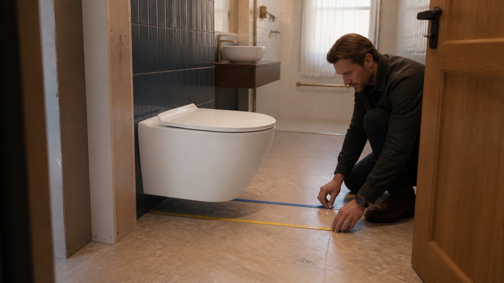 Wall-hung toilet connector length checked against the complete finished wall build-up