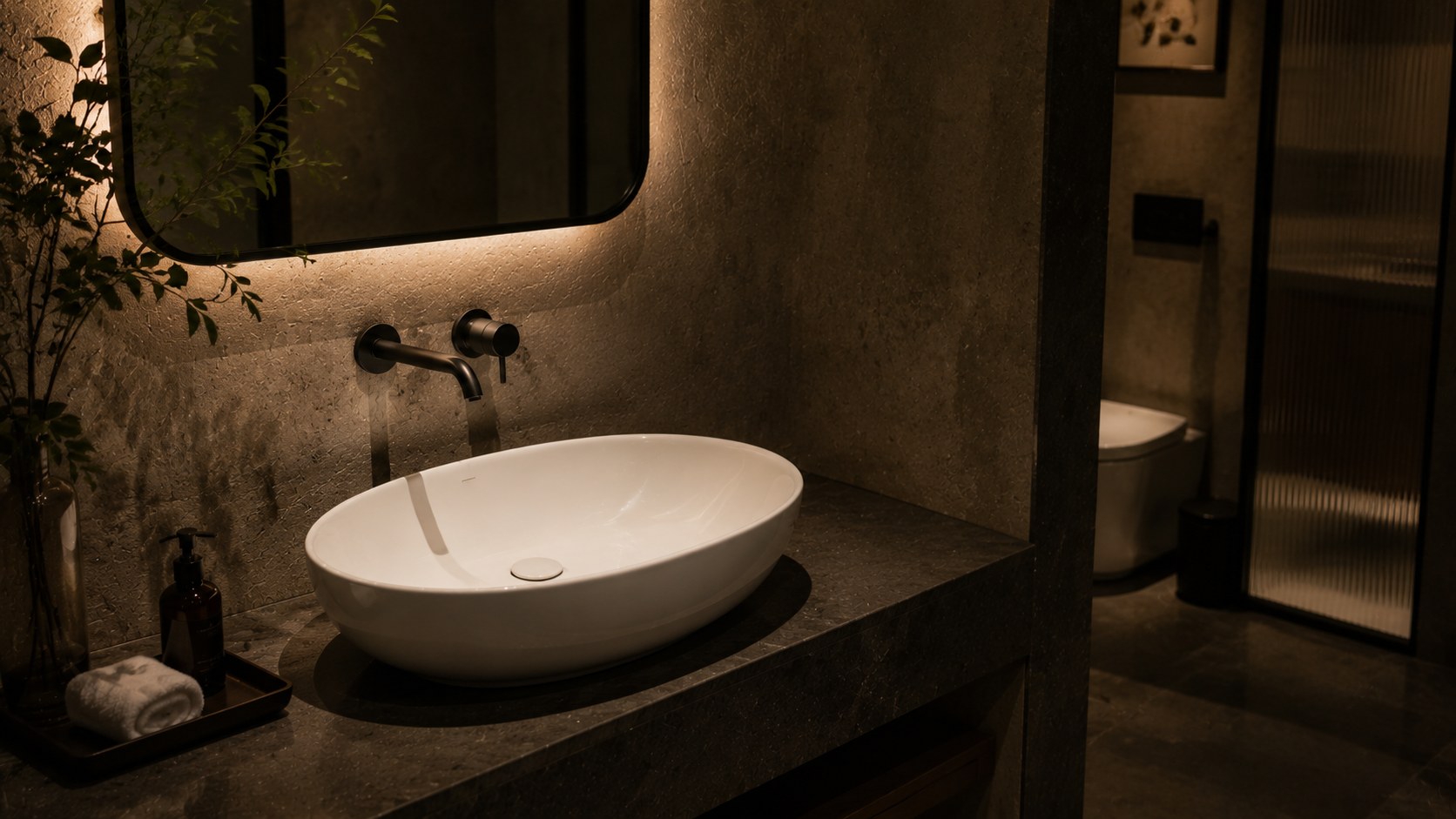 White ceramic countertop basin sitting on top of a wooden bathroom vanity with a tall mixer tap