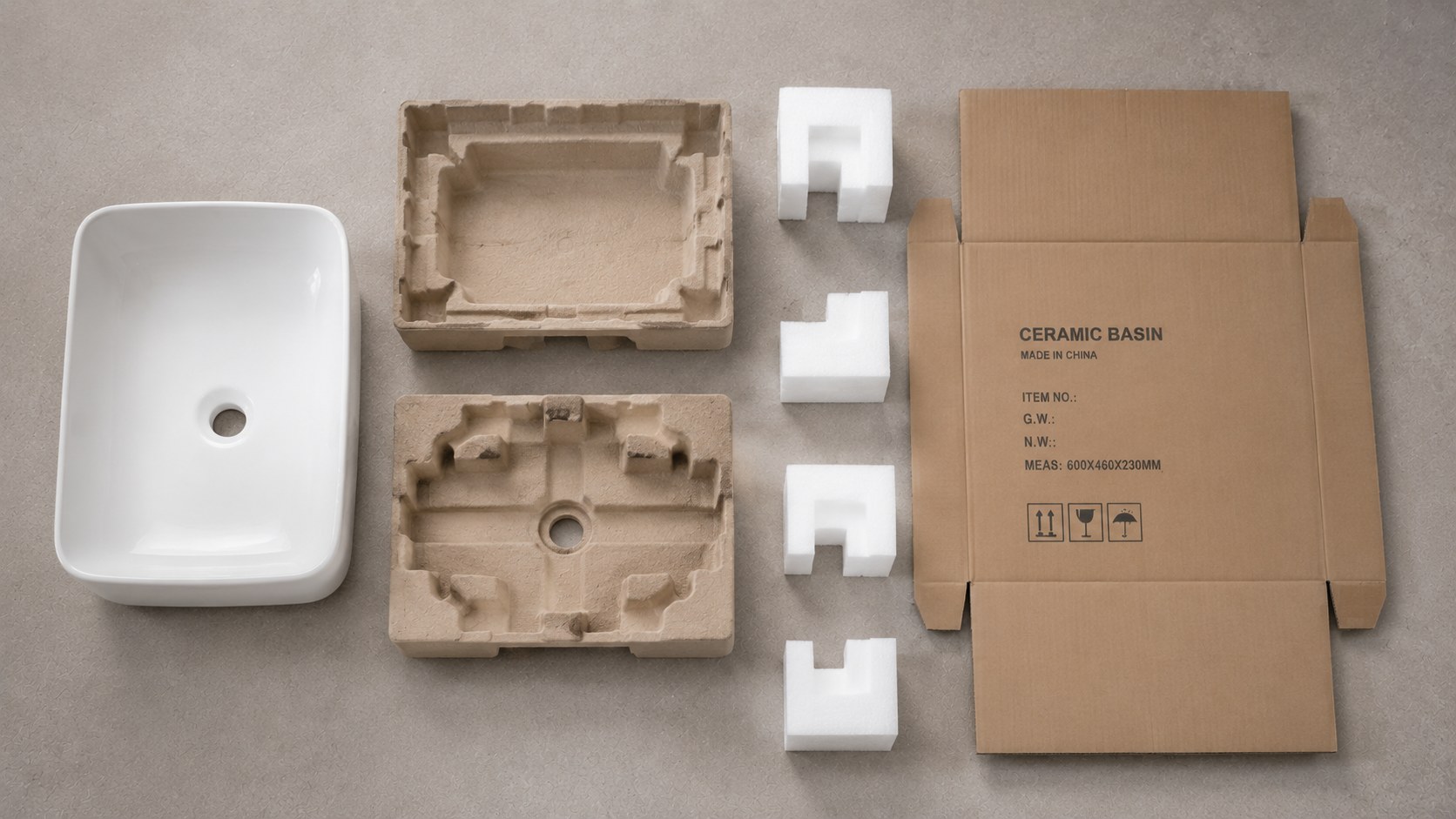 Wholesale ceramic wash basins boxed in export cartons stacked on pallets with foam and corner protection ready to load a container