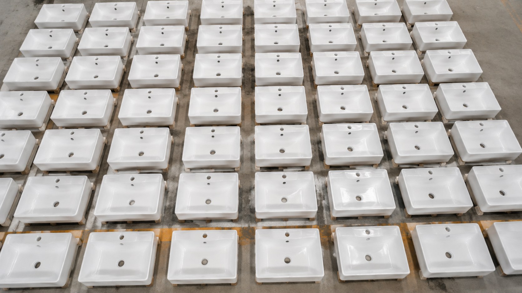 Rows of wholesale ceramic wash basins lined up in a clean factory warehouse ready for bulk export from China