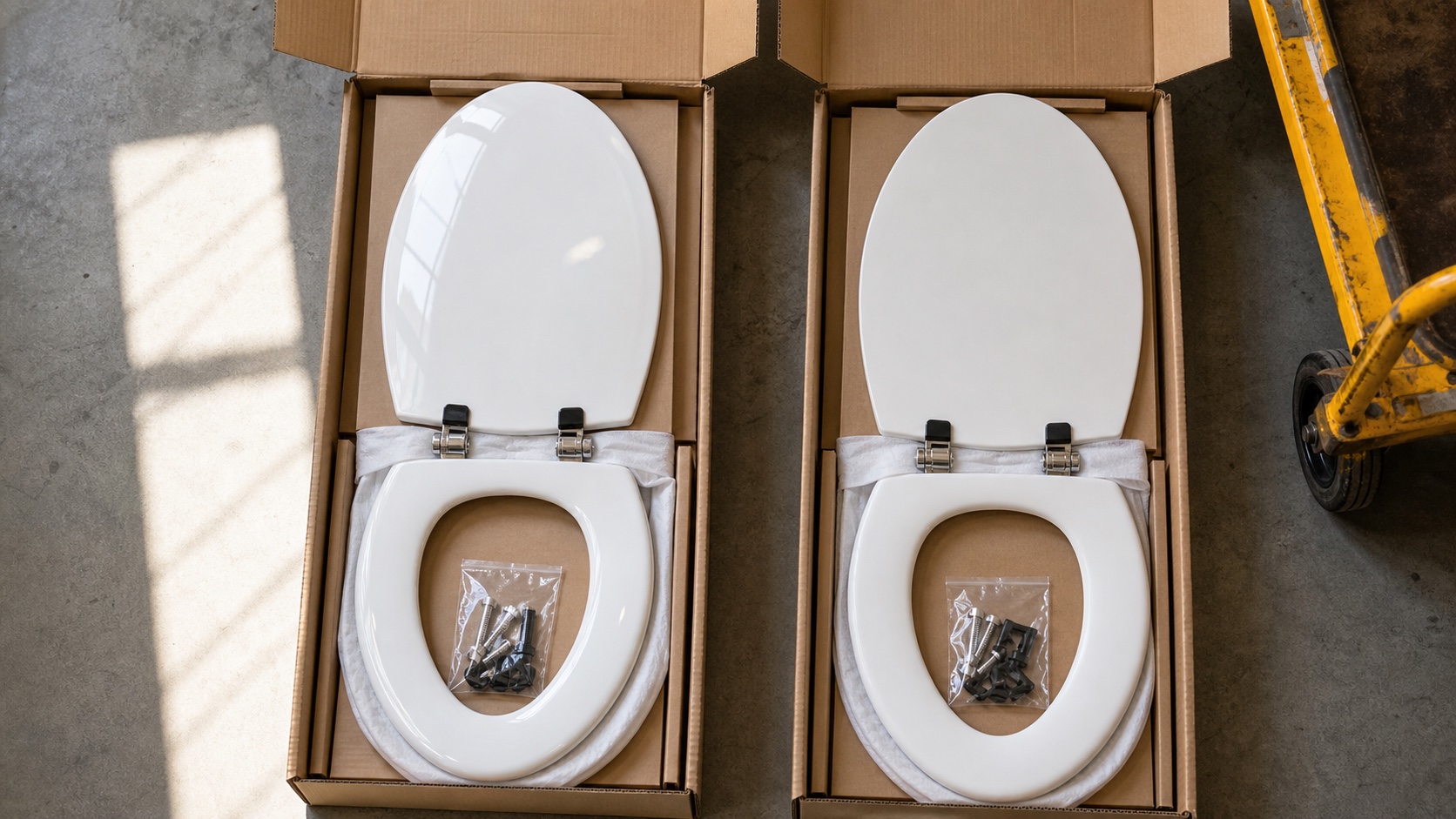 PP and UF toilet seats arranged in fitted export cartons for packing approval