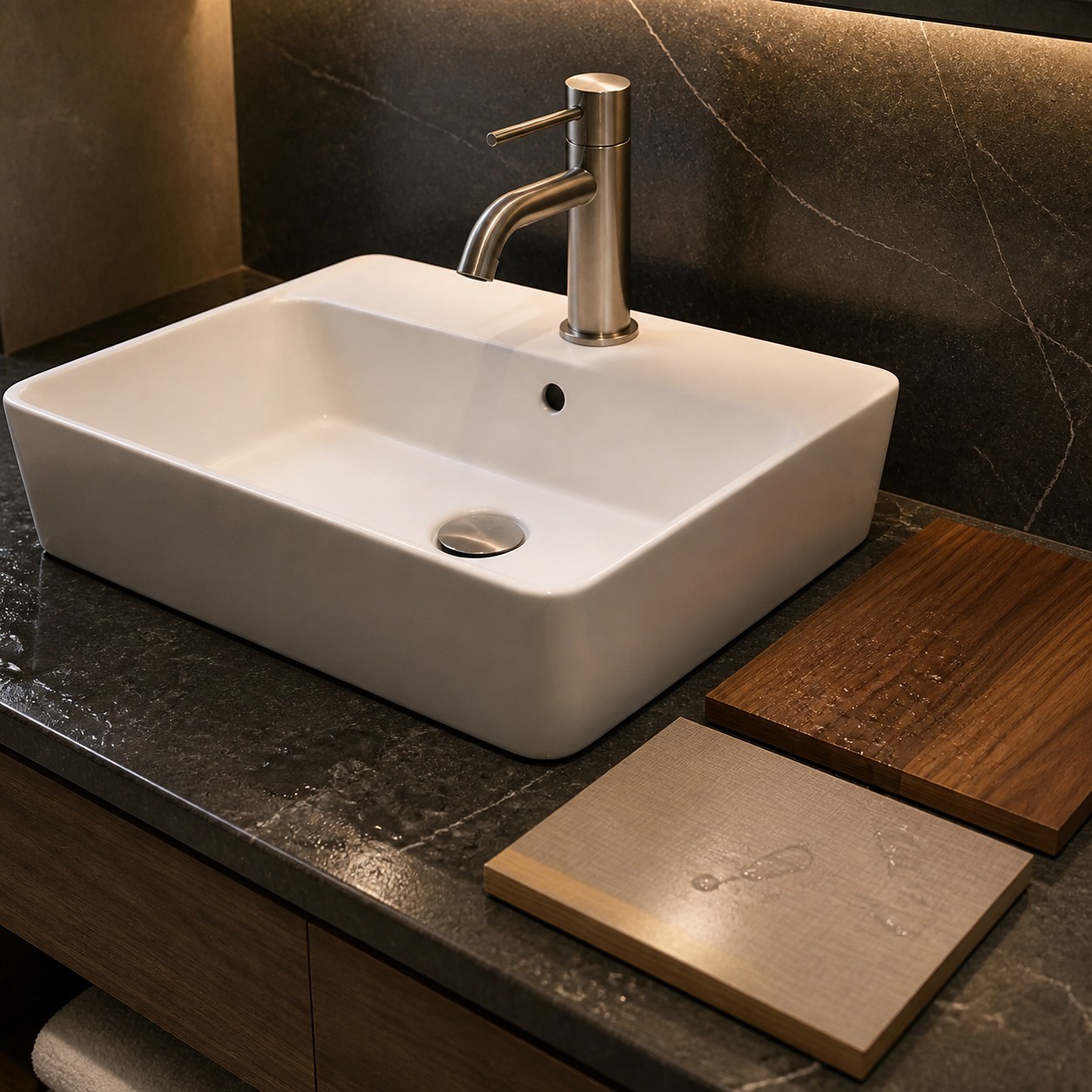 Sealed wood and laminate vanity edge details inspected near a vessel sink wet zone