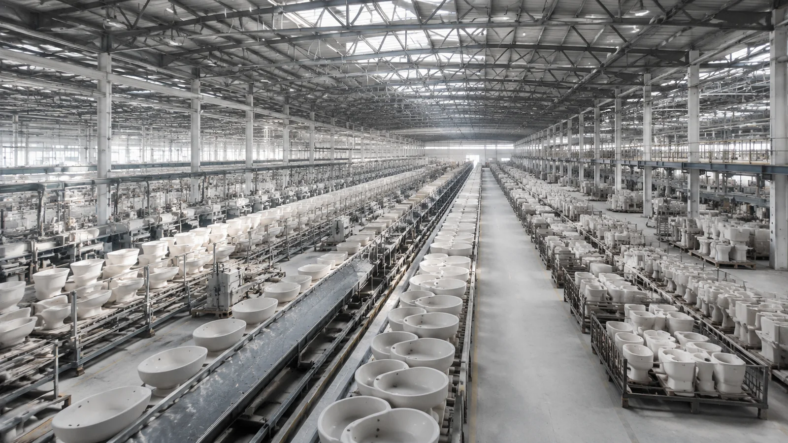 Ceramic sanitaryware production area with rows of basins
