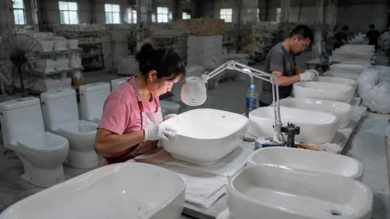 A Chengda inspector examining a finished white ceramic basin against the light