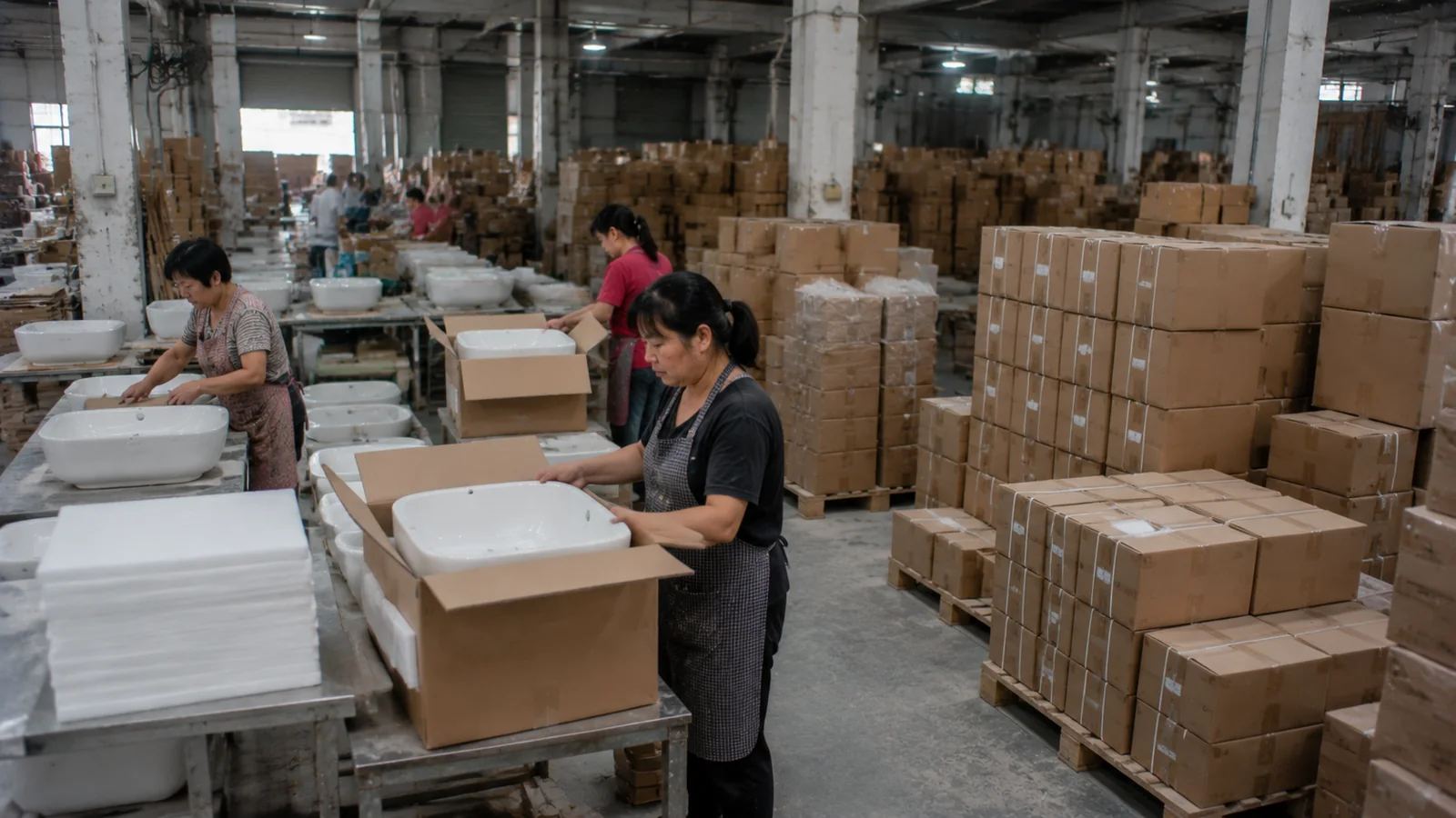 Chengda export warehouse — palletized ceramic sanitaryware ready for container loading
