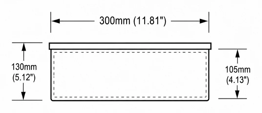A104 cross-section — dimensions in mm and inches