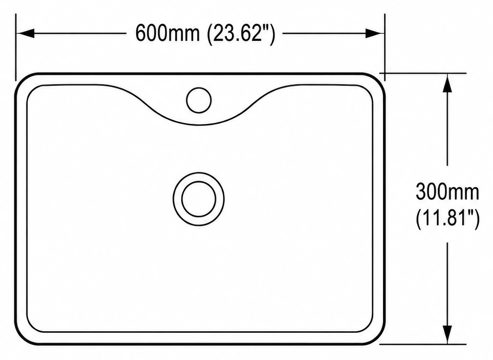 A128 plan view — dimensions in mm and inches