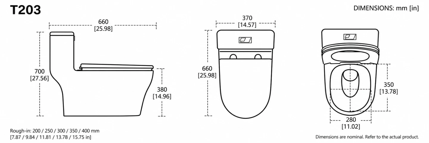 T203 floor-standing toilet dimensions and rough-in options