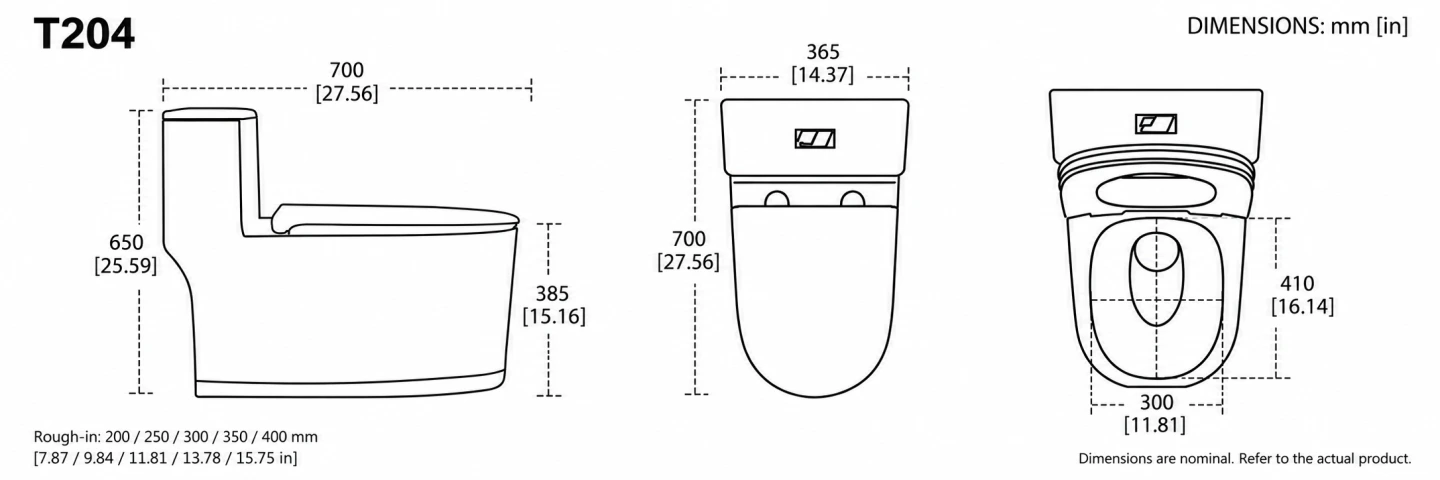 T204 floor-standing toilet dimensions and rough-in options