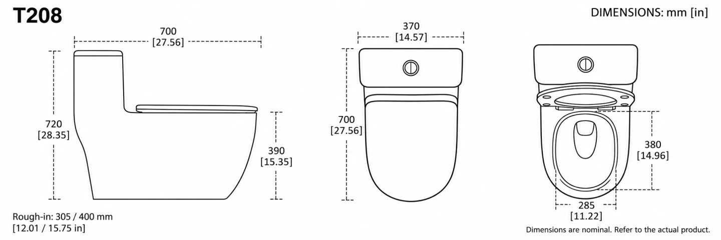 T208 floor-standing toilet dimensions and rough-in options