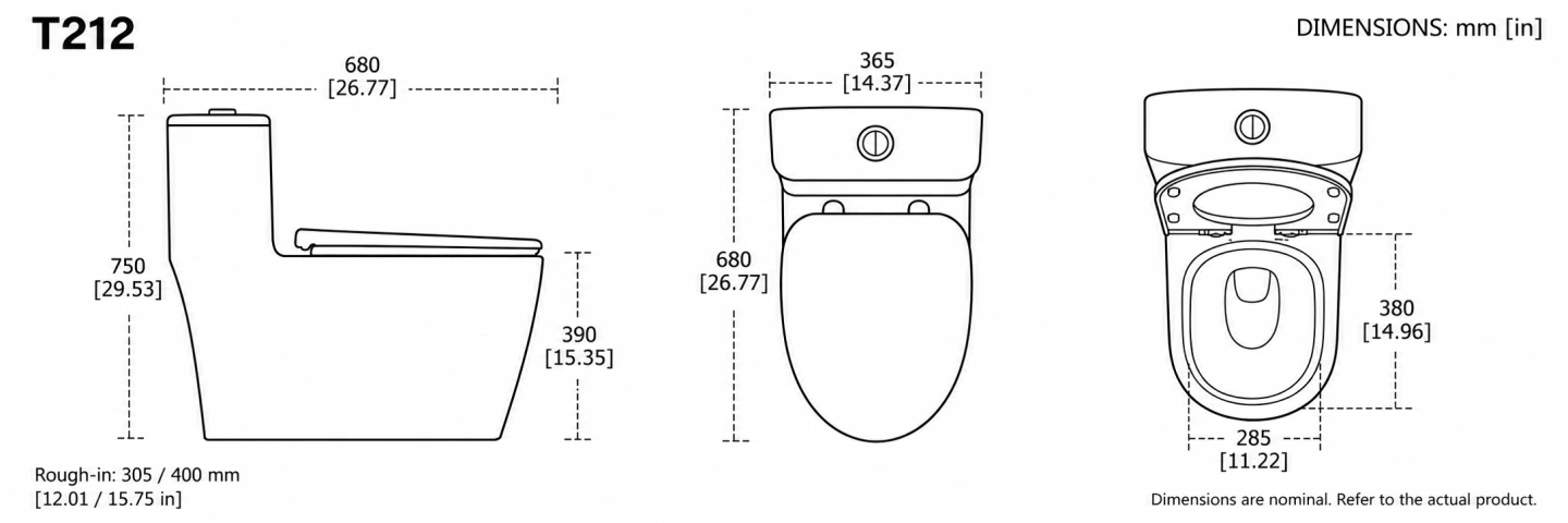 T212 floor-standing toilet dimensions and rough-in options