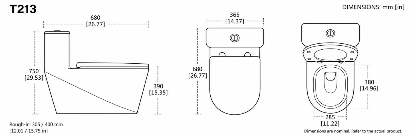 T213 floor-standing toilet dimensions and rough-in options