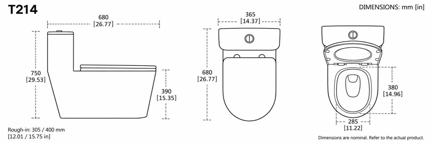 T214 floor-standing toilet dimensions and rough-in options
