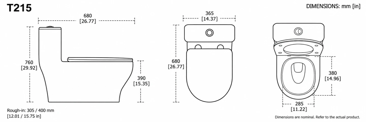 T215 floor-standing toilet dimensions and rough-in options