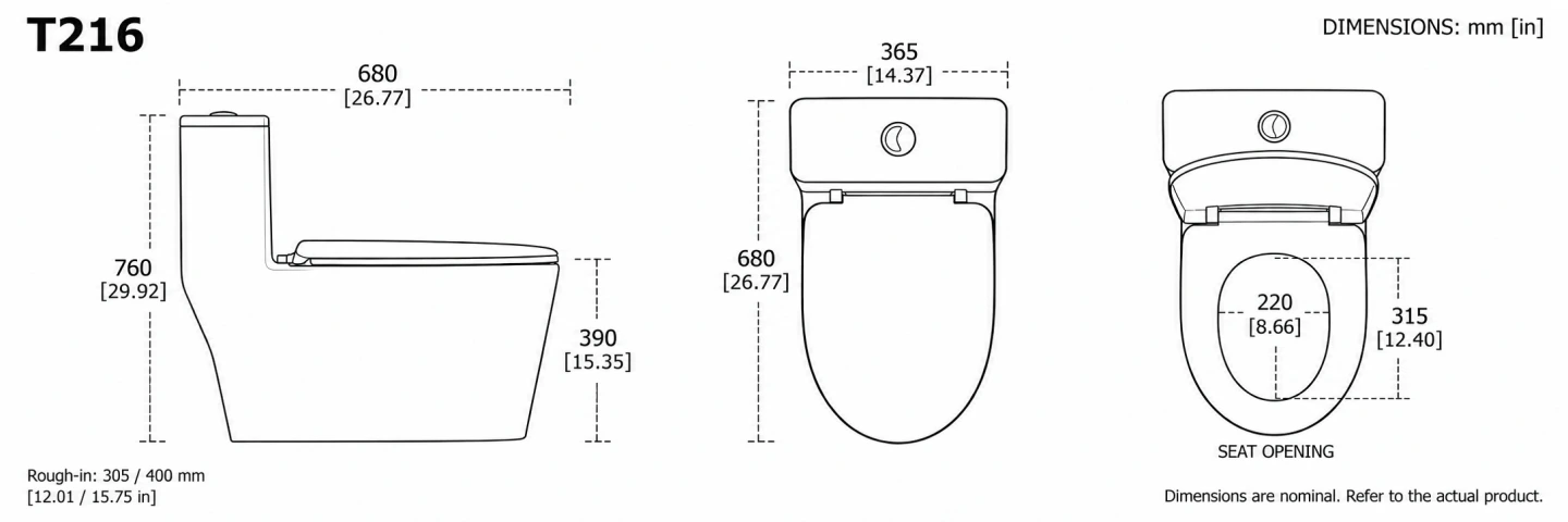 T216 floor-standing toilet dimensions and rough-in options