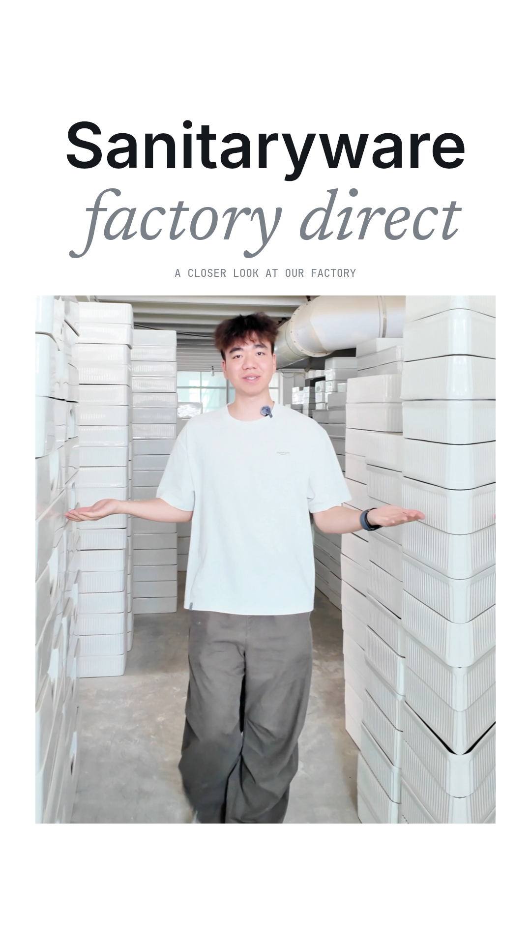 Xiao Yang presents ceramic basins in stock at the Chengda factory